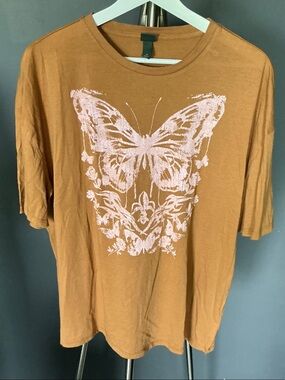 Rust Orange Short Sleeve Tee with Pink Butterfly Graphic